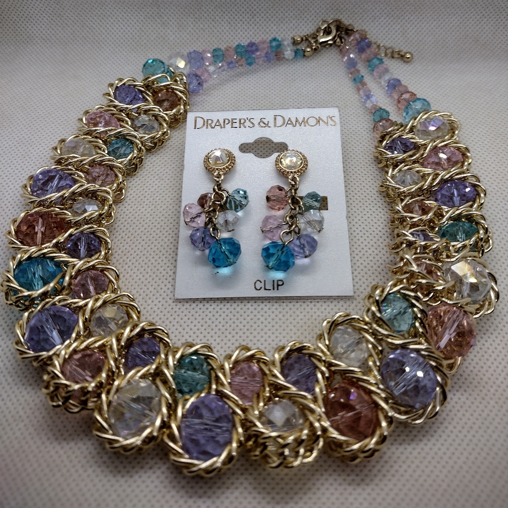 Draper's & Damons Vintage Pastel colored Crystal & Gold tone Choker Earring Set